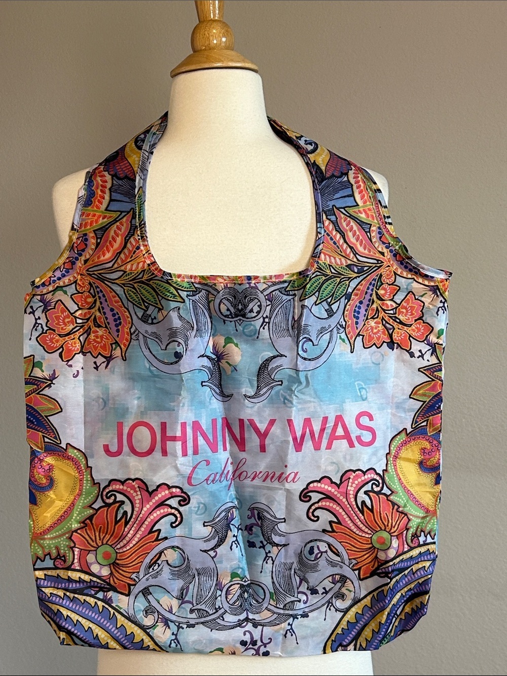 Johnny Was Multicolor Floral Paisley Large Foldable Tote with Pink Logo